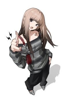 Rule 34 | 1girl, :o, bag, bare shoulders, black eyes, black pants, brown hair, butterfly tattoo, commentary, ear piercing, fingernails, full body, grey sweater, handbag, highres, kimura 731, nail polish, open mouth, original, pants, patterned clothing, piercing, red nails, shoes, shoulder tattoo, silver shoes, simple background, sweater, symbol-only commentary, tattoo, white background