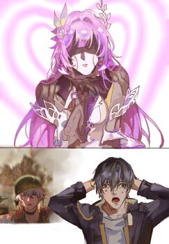 3boys armor black_choker black_coat black_gloves blowing_kiss blue_eyes blue_ribbon brown_eyes caelus_(honkai:_star_rail) choker coat collarbone commentary cosplay crossdressing crossdressing_(mtf) crossed_bangs cyrene_(demiurge)_(honkai:_star_rail) cyrene_(honkai:_star_rail) cyrene_(honkai:_star_rail)_(cosplay) detached_sleeves dress english_commentary eva0951120 flower gloves grey_armor grey_hair hair_between_eyes hair_flower hair_ornament hair_ribbon hand_up hands_on_own_head hands_up heart heart_background helmet highres honkai:_star_rail honkai_(series) hood hooded_coat lapels leaf_hair_ornament lips long_hair long_sleeves looking_at_viewer lygus_(honkai:_star_rail) male_focus mechanical_arms meme multicolored_ribbon multiple_boys open_mouth phainon_(honkai:_star_rail) pink_hair pink_ribbon purple_flower purple_rose ribbon robot rose shirt shocked_black_guy_(meme) short_hair short_sleeves shoulder_armor simple_background sleeveless sleeveless_dress t-shirt teeth thousand_yard_stare tongue trailblazer_(honkai:_star_rail) two-sided_coat two-sided_fabric upper_body white_background white_dress white_shirt white_sleeves wide-eyed yellow_coat yellow_ribbon