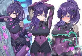 !? 1girl arms_at_sides arms_up asahina_mafuyu asymmetrical_sleeves black_shirt black_shorts blush bodysuit bodysuit_under_clothes breasts commentary_request covered_erect_nipples cowboy_shot crossed_bangs electric_plug hair_between_eyes hair_ornament hair_over_shoulder hands_up heart high_ponytail highres holding holding_heart large_breasts long_hair looking_at_viewer lying mismatched_sleeves motion_lines multiple_views neck_ribbon nipple_stimulation nipple_tweak nipple_tweak_through_clothes nose_blush on_bed on_side parted_lips pink_nails ponytail project_sekai purple_bodysuit purple_eyes purple_hair purple_ribbon restrained ribbon shirt shorts sidelocks skin_tight sleeveless sleeveless_shirt straight-on sweat tentacles thighs upper_body usagi_melon3