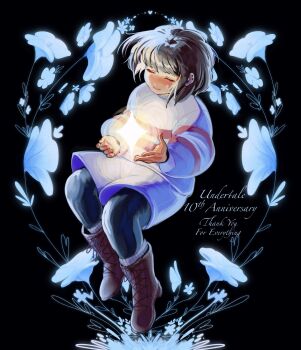 1other anniversary black_pantyhose blue_flower blue_shorts blue_sweater boots brown_boots brown_hair closed_eyes closed_mouth commentary copyright_name double_horizontal_stripe english_commentary english_text flower frisk_(undertale) highres im_vess light_smile other_focus pantyhose pantyhose_under_shorts short_hair shorts solo striped_clothes striped_sweater sweater thank_you undertale utdr_(toby_fox)