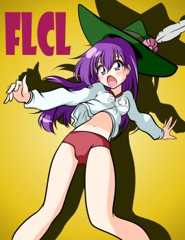 absurdres arms_outward bare_legs buruma crotch flcl hat hat_feather highres long_sleeves navel ninamori_eri open_mouth purple_hair red_buruma
