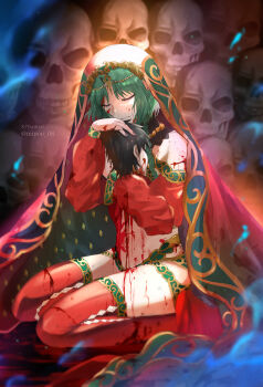 1boy 1girl absurdres bare_shoulders black_hair blood braid breasts closed_eyes cradling_head detached_sleeves fate/grand_order fate_(series) fujimaru_ritsuka_(male) giant_skull green_hair highres long_hair low_twin_braids medium_breasts minoe08 navel parted_bangs red_veil salome_(fate) severed_head short_hair skull smile thighhighs twin_braids veil