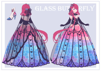 1girl absurdres animal_print bare_shoulders black_cape black_collar black_dress black_gloves black_ribbon blue_dress border braid breasts butterfly_hair_ornament butterfly_print cape center_opening character_name cleavage closed_mouth collar commentary_request detached_collar dress elbow_gloves english_text flower from_behind full_body gloves gown gradient_clothes gradient_dress grey_background hair_flower hair_ornament hair_over_shoulder hair_ribbon happy high_heels highres light_blush long_hair looking_at_viewer multicolored_dress multicolored_shoes multiple_views nikki_(series) original outside_border print_cape print_dress print_gloves print_ribbon print_shoes purple_eyes red_dress red_flower red_hair reference_sheet ribbon sakura_no_hana see-through_cape see-through_ribbon shining_nikki shoulder_blades single_braid small_breasts smile standing strapless strapless_dress swept_bangs very_long_hair white_border