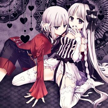 1boy 1girl 2ruvery black_eyes bow braid commentary fate/strange_fake fate_(series) francesca_prelati_(fate) francois_prelati_(fate) garter_straps hair_bow highres leotard long_hair looking_at_viewer multiple_hair_bows ringed_eyes short_hair showgirl_skirt side_braid spread_legs thighhighs white_garter_straps white_hair white_leotard white_thighhighs