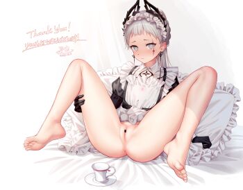 1girl absurdres anus arknights bar_censor bare_legs barefoot bed_sheet black_gloves blush censored cleft_of_venus closed_mouth cup dress earrings frilled_pillow frills full_body gloves grey_eyes grey_hair has_bad_revision has_downscaled_revision highres irene_(arknights) jewelry kep_(ahokep) knees_up long_hair looking_at_viewer maid_headdress md5_mismatch no_panties pillow pussy resolution_mismatch saucer scar scar_across_eye scar_on_face sitting solo source_smaller spread_legs teacup white_background white_dress