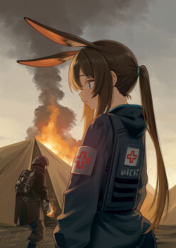 1girl 1other absurdres amiya_(arknights) animal_ears arknights blue_eyes blue_jacket brown_hair closed_mouth commentary_request cross from_behind highres hood hood_down hooded_jacket jacket long_hair long_sleeves ponytail rabbit_ears rabbit_girl red_cross welt_(kinsei_koutenkyoku)