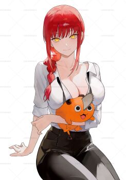 1girl absurdres animal animal_hug arm_support black_pants braid braided_ponytail breasts chainsaw_man collarbone commentary commission highres large_breasts long_hair looking_at_viewer makima_(chainsaw_man) nbee_ya necktie open_collar pants pochita_(chainsaw_man) red_hair ringed_eyes shirt shirt_tucked_in sidelocks sitting sleeves_rolled_up smile thighs undone_necktie watermark white_shirt yellow_eyes