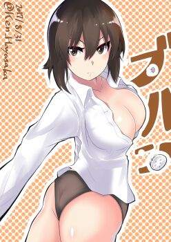 1girl artist_name black_panties breasts brown_eyes brown_hair bursting_breasts center_opening cleavage clip_studio_paint_(medium) closed_mouth commentary_request cowboy_shot dated flying_button girls_und_panzer hair_between_eyes highres ken_hayasaka long_sleeves looking_at_viewer nishizumi_maho panties pixiv_username polka_dot polka_dot_background popped_button shirt short_hair solo underwear white_shirt