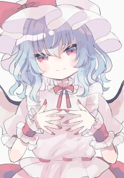 1girl blue_hair bow bowtie closed_mouth commentary_request hat hat_bow hiyuu_(hiyualice) looking_at_viewer mob_cap red_bow red_bowtie red_eyes red_nails remilia_scarlet shirt short_sleeves smile solo touhou white_hat white_shirt wings wrist_cuffs