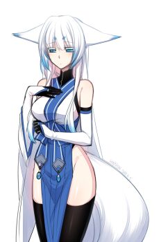 Rule 34 | 10s, 1girl, 2014, animal ears, artist name, asymmetrical clothes, bare shoulders, black thighhighs, blue eyes, bridal gauntlets, dated, detached sleeves, female focus, fox ears, fox tail, gloves, hand on own chest, japanese clothes, konshin, long hair, no panties, orie mishiro, original, solo, tail, thighhighs, white hair