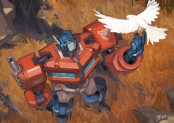 1boy absurdres autobot bird blue_eyes commentary english_commentary forest glowing highres humanoid_robot insignia juangeedraws machine machinery mecha motor_vehicle nature no_humans optimus_prime outdoors robot science_fiction semi_truck solo the_transformers_(idw) transformers transformers:_generation_1 truck