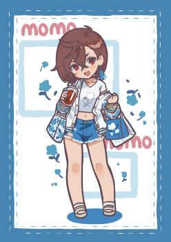 1girl animal ayase_momo bag black_choker blue_border blue_shorts blush border bracelet breasts brown_eyes brown_hair character_name choker crop_top crossed_bangs cup dandadan denim denim_shorts disposable_cup drinking_straw earrings frayed_shorts full_body grey_sandals hair_between_eyes highres holding holding_bag holding_cup jacket jacket_partially_removed jeon10457441 jewelry medium_breasts medium_hair midriff navel open_mouth print_shirt sandals shirt shopping_bag short_shorts shorts smile solo sparkle t-shirt torn_clothes torn_shorts v-neck white_background