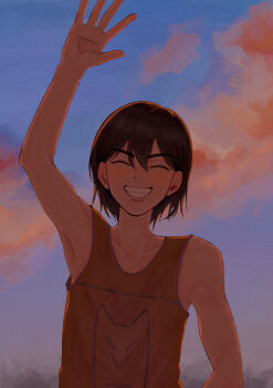 1boy arm_up blue_sky blush brown_hair closed_eyes cloud collarbone dark-skinned_male dark_skin double-parted_bangs evening grin hair_between_eyes highres kel_(faraway)_(omori) kel_(omori) male_focus msdnno_kabe omori open_mouth sky smile solo teeth