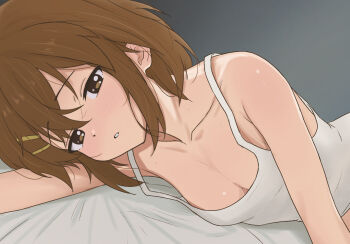 1girl andreypavlow bed blush breasts brown_eyes brown_hair camisole cleavage collarbone commentary furrowed_brow gradient_background grey_background hair_between_eyes highres hirasawa_yui k-on! looking_at_viewer lying medium_breasts messy_hair on_bed on_side parted_lips short_hair solo upper_body white_camisole