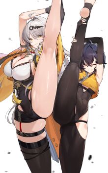 2girls absurdres asymmetrical_gloves bare_legs belle_(delicate_sunlight)_(zenless_zone_zero) belle_(zenless_zone_zero) black_unitard blue_hair breasts gloves goomrrat hair_ornament hairpin highres jacket letter_hair_ornament mole mole_on_breast mole_on_chest multiple_girls single_hair_intake single_thighhigh spread_legs stirrup_legwear thighhighs toeless_legwear uneven_gloves white_background white_hair yellow_eyes yellow_jacket yin_yang yixuan_(zenless_zone_zero) zenless_zone_zero