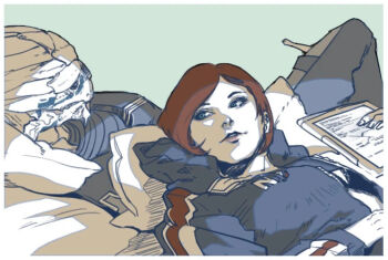 Rule 34 | alien, commander shepard, commander shepard (female), couple, garrus vakarian, image sample, looking at another, lying, mass effect (series), on back, on bed, pixiv, pixiv sample, sleeping, sleeping on person, turian, wei