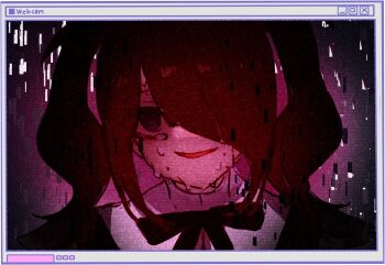 1girl ame-chan_(needy_girl_overdose) black_ribbon close-up commentary crying crying_with_eyes_open digital_dissolve hair_over_one_eye highres looking_at_viewer medium_hair momokokuma needy_girl_overdose one_eye_covered open_mouth ribbon sad_smile smile solo static tears twintails webcam window_(computing)