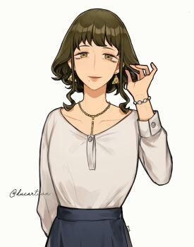 1girl absurdres bracelet brown_eyes brown_hair ducartoon earrings highres jewelry looking_at_viewer melinda_desmond necklace shirt signature simple_background solo spy_x_family upper_body white_background white_shirt