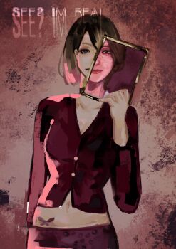 1girl blue_eyes brown_hair butterfly_tattoo commentary english_commentary english_text highres holding_portrait long_hair maria_(silent_hill) mary_shepherd-sunderland midriff navel portrait_(object) red_background red_shirt red_skirt shirt silent_hill_(series) silent_hill_2 skirt smile solo standing stomach_tattoo tattoo vilenblood