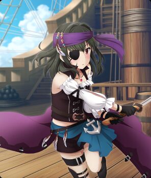 Rule 34 | 1girl, anchor ornament, bandana, bare shoulders, barrel, beads, belt, black belt, black gloves, black shoes, black shorts, blue skirt, blue sky, cannonball, day, detached sleeves, dot nose, game cg, gem, gloves, green hair, hair intakes, holding, holding sword, holding weapon, incoming attack, jewelry, juujou kagari, katana, looking at viewer, mast, medium hair, midriff peek, necklace, official art, outdoors, parted lips, pirate, purple bandana, purple skirt, red eyes, red gemstone, running, ship, shoes, short shorts, shorts, shorts under skirt, showgirl skirt, skirt, sky, sleeve slit, solo, swinging weapon, sword, thigh belt, thigh strap, third-party source, toji no miko, toji no miko: kizamishi issen no tomoshibi, watercraft, weapon, white sleeves, wooden deck