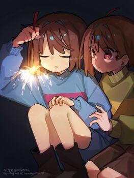 2others :o ahoge ankle_boots bare_legs black_background black_boots blue_shorts blue_sweater bob_cut boots brown_hair brown_shorts chara_(undertale) child closed_eyes commentary dande_lion2604 eyes_visible_through_hair feet_out_of_frame film_grain fireworks frisk_(undertale) full_body green_sweater hair_behind_ear hair_intakes hand_on_another&#039;s_arm hand_on_own_knee hand_up highres holding holding_fireworks knees_up long_sleeves looking_at_object multiple_others other_focus parted_lips pink_sweater puffy_long_sleeves puffy_sleeves red_eyes short_hair shorts sidelighting simple_background sitting sparkler striped_clothes striped_sweater sweater swept_bangs symbol-only_commentary turtleneck turtleneck_sweater twitter_username two-tone_sweater u_u undertale utdr_(toby_fox) watermark yellow_sweater