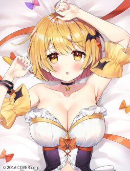 Rule 34 | 1girl, :o, ahoge, ayamy, bat hair ornament, bed sheet, blonde hair, blush, bow, bracelet, breasts, chemise, collarbone, commentary request, company name, copyright notice, cross-laced clothes, detached sleeves, frills, hair ornament, highres, hololive, jewelry, large breasts, looking at viewer, official art, short hair, short sleeves, solo, strapless, swept bangs, virtual youtuber, yellow eyes, yellow sleeves, yozora mel, yozora mel (1st costume)