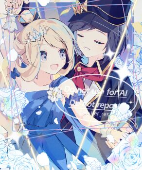 Rule 34 | 1boy, 1girl, absurdres, black hair, blue dress, calem (champion) (pokemon), calem (pokemon), closed eyes, dancing, dress, highres, nintendo, petals, pokemon, pokemon masters ex, revue (rever res), serena (champion) (pokemon), serena (pokemon), single-shoulder dress, sparkle, watermark, wrist cuffs