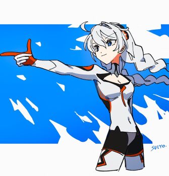 1girl ahoge blue_background blue_eyes bodysuit braid breasts cleavage_cutout closed_mouth clothing_cutout commentary highres honkai_(series) honkai_impact_3rd kiana_kaslana kiana_kaslana_(white_comet) long_hair medium_breasts pointing smile solo twin_braids two-tone_background uehara_suiyo white_background white_bodysuit white_hair