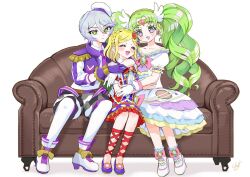 Rule 34 | 3girls, :d, bad id, bad twitter id, blonde hair, boots, braid, closed eyes, closed mouth, collared shirt, colored eyelashes, couch, crown braid, dress, epaulettes, falulu, falulu (awakened), forehead jewel, frilled dress, frills, full body, gloves, green eyes, green hair, grey eyes, grey hair, hair between eyes, hat, headphones, hug, idol clothes, jacket, long hair, looking at another, mdr onj1807, midorikaze fuwari, mini hat, multiple girls, on couch, open clothes, open jacket, open mouth, parted bangs, pretty series, pripara, puffy short sleeves, puffy sleeves, purple gloves, reverse trap, shikyoin hibiki, shirt, shoes, short hair, short sleeves, shorts, sidelocks, sitting, smile, swept bangs, twintails, very long hair, white dress, white footwear, white gloves, white hat, white shirt, wing hair ornament