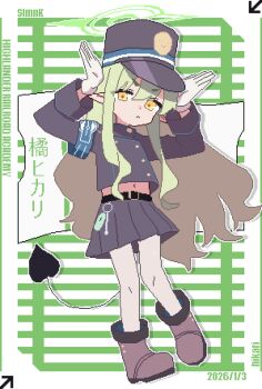 1girl :< armband black_hat black_jacket black_skirt blue_archive blue_armband boots closed_mouth demon_girl demon_tail double-parted_bangs full_body gloves green_hair green_halo grey_pantyhose hair_between_eyes halo hands_up hashtag-only_commentary hat highres hikari_(blue_archive) jacket long_hair long_sleeves looking_at_viewer pantyhose pixel_art pointy_ears purple_boots skirt slmnk10124 solo tail translation_request white_gloves yellow_eyes