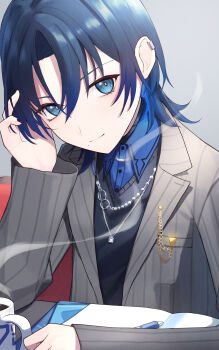 Rule 34 | 1girl, absurdres, black hair, black sweater, blue eyes, blue hair, blue shirt, coffee, coffee mug, collared shirt, cup, gradient hair, grey jacket, highres, hiodoshi ao, hiodoshi ao (1st costume), hololive, hololive dev is, jacket, jewelry, kanabun (jhft8347), looking at viewer, medium hair, mug, multicolored hair, necklace, notebook, pinstripe jacket, pinstripe pattern, shirt, solo, steam, suit jacket, sweater, v-neck, virtual youtuber
