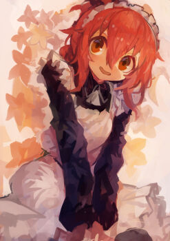 1girl absurdres alternate_costume apron black_dress brown_hair dress enmaided flower folded_ponytail frilled_apron frills hair_between_eyes highres inazuma_(kancolle) kaamin_(mariarose753) kantai_collection long_sleeves maid maid_headdress open_mouth ponytail red_hair simple_background solo white_apron