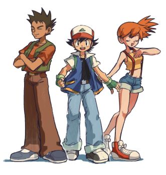 Rule 34 | 1girl, 2boys, ash ketchum, baseball cap, belt, belt buckle, black hair, brown hair, brown pants, buckle, closed eyes, crop top, crossed arms, dark skin, denim, denim shorts, fingerless gloves, full body, gloves, green gloves, green vest, hat, jacket, jeans, looking at viewer, midriff, misty (pokemon), multiple boys, navel, nintendo, open clothes, open jacket, open mouth, orange hair, pants, pokemon, pokemon (anime), pokemon (classic anime), pokemon rgby, pokka730, ponytail, shirt, shoes, short hair, short shorts, shorts, side ponytail, simple background, smile, sneakers, spiked hair, standing, suspenders, teeth, upper teeth only, vest, white background, yellow shirt