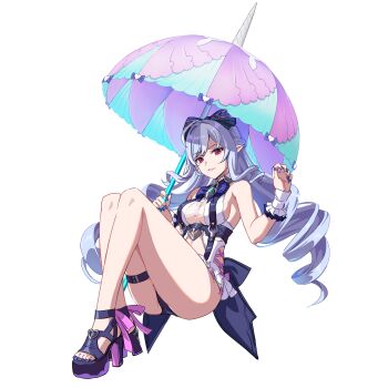 Rule 34 | 1girl, absurdres, ahoge, ass, bare shoulders, blue gemstone, bow, bowtie, breasts, clothing cutout, commentary, commentary request, dress swimsuit, drill hair, drill sidelocks, footwear ribbon, frilled one-piece swimsuit, frilled wrist cuffs, frills, full body, gem, gyoza (pi512126), hair bow, hand up, heart cutout, highres, holding, holding umbrella, knees up, long hair, looking at viewer, medium breasts, multicolored umbrella, nail polish, official alternate costume, one-piece swimsuit, open-toe shoes, parted lips, pink ribbon, pink umbrella, pointy ears, purple bow, purple bowtie, purple hair, purple nails, red eyes, ribbon, see-through clothes, sideboob cutout, sidelocks, simple background, solo, stomach cutout, swimsuit, thigh strap, thighs, toenail polish, toenails, two-tone one-piece swimsuit, umbrella, vivian banshee, vivian banshee (iris of the shore), white background, white one-piece swimsuit, wrist cuffs, zenless zone zero