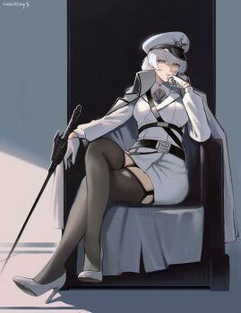 1girl absurdres artist_name belt black_belt black_thighhighs blue_eyes buttons cloak collared_cloak commission crossed_legs double-breasted dress full_body garter_straps gloves hat high_heels highres long_hair looking_at_viewer military_hat pixiv_commission rapier rwby rwby_ice_queendom shoes sitting skindentation solo sword thighhighs tomatoketchup96 weapon weiss_schnee white_cloak white_dress white_gloves white_hair white_hat white_shoes