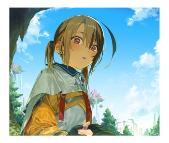 2girls black_nails blonde_hair blue_sky blush border brown_hair cape cloud cloudy_sky commentary cropped_hoodie english_commentary enigmatic_recollection female_pov floating_island gigi_murin gigi_murin_(1st_costume) highres hololive hololive_english hood hoodie jewelry looking_at_another medium_hair multiple_girls open_mouth orange_hoodie outdoors pink_eyes pov pov_hands ring shiori_novella shiori_novella_(1st_costume) shirt short_twintails sky standing tree twintails virtual_youtuber wet wet_hair white_border white_cape white_shirt yakimi_27 yuri