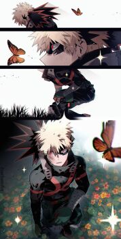 1boy 4koma absurdres arm_at_side awestruck baggy_pants bakugou_katsuki belt black_footwear black_pants blonde_hair blue_outline blurry blurry_foreground boku_no_hero_academia boots bug butterfly cactusnabe chromatic_aberration colored_shoe_soles combat_boots comic commentary cross-shaped_pupils crying depth_of_field explosive eye_mask film_grain flower from_above from_behind from_side gloves grass green_belt grenade hair_between_eyes hand_on_own_knee hand_up head_out_of_frame headgear high_collar highres insect knee_boots knee_pads leaning_forward light lily_pad looking_at_animal looking_up male_focus mask mismatched_pupils monarch_butterfly non-circular_lens_flare orange_butterfly outline pants parted_lips pink_flower portrait profile red_eyes sanpaku scratches sequential shadow short_hair single_horizontal_stripe slit_pupils sparkle spiked_hair standing standing_on_liquid symbol-shaped_pupils tears torn_mask twitter_username two-tone_gloves upper_body white_background wrist_guards x_(symbol) yellow_flower
