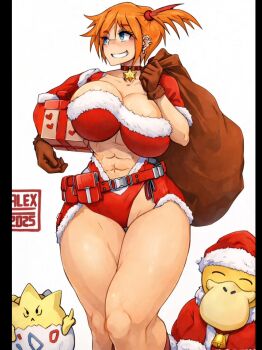 1girl abs aged_up alternate_costume artalexc bag bell belt belt_pouch black_border blue_eyes blush border box breasts brown_gloves capelet carrying carrying_over_shoulder choker christmas cleavage clothing_cutout collarbone curvy ear_piercing earrings fur-trimmed_capelet fur_trim gen_1_pokemon gen_2_pokemon gift gift_box gloves grin hat highres holding holding_gift holding_sack huge_breasts jewelry large_breasts looking_to_the_side midriff misty_(pokemon) muscular muscular_female navel neck_bell nintendo orange_hair piercing pokemon pokemon_(anime) pokemon_(classic_anime) pokemon_(creature) pokemon_rgby pouch psyduck red_capelet red_choker sack santa_costume santa_hat short_hair side_ponytail simple_background smile standing thick_thighs thigh_gap thighs thumbs_up togepi toned unaligned_breasts white_background wide_hips