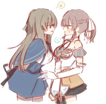 2girls assault_lily bare_shoulders black_capelet black_dress black_hair black_ribbon black_skirt blush braid breasts brown_dress brown_hair capelet closed_mouth commentary cropped_torso detached_sleeves dress elbow_gloves eye_contact face-to-face frilled_gloves frills from_side gloves green_eyes hair_ribbon half_up_braid halter_dress halterneck high-waist_skirt highres kuo_shenlin leaning_forward long_hair looking_at_another medium_breasts miniskirt multiple_girls neck_ribbon official_alternate_costume official_alternate_hairstyle one_side_up parted_lips pink_eyes ponytail profile raised_eyebrows ribbon rui_rui_rui0122 school_uniform short_hair short_ponytail short_sleeves sidelocks simple_background skirt sleeveless sleeveless_dress smile speech_bubble spoken_sweatdrop standing suspender_skirt suspenders sweatdrop thighhighs two-tone_dress wang_yujia white_background white_dress white_gloves white_ribbon white_thighhighs yuri yurigaoka_girls_academy_school_uniform