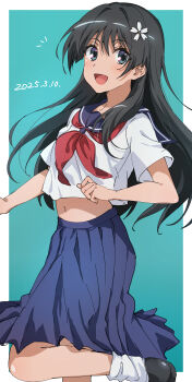 1girl absurdres black_hair breasts dated green_eyes highres leg_lift leg_up long_hair looking_at_viewer medium_breasts midriff navel open_mouth saten_ruiko school_uniform skirt smile solo toaru_kagaku_no_railgun toaru_majutsu_no_index tongue