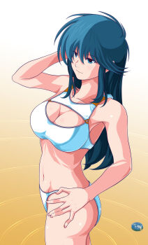 1girl 80s absurdres arm_behind_head artist_logo artist_name ayukawa_madoka bikini blue_eyes blue_hair breasts cleavage cleavage_cutout clothing_cutout hand_on_own_hip highres kimagure_orange_road logo long_hair medium_breasts navel oldschool orange_background smile solo swimsuit yukikaze_(isamiashi)