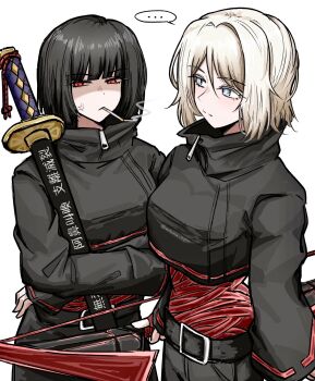 2girls absurdres anger_vein belt black_hair black_jacket blue_eyes bow_(weapon) cigarette commentary cropped_jacket english_commentary eyelashes faust_(project_moon) hair_between_eyes highres holding holding_bow_(weapon) holding_sword holding_weapon jacket limbus_company long_hair mitama_nyan multiple_girls project_moon red_eyes ryoshu_(project_moon) shaded_face shi_association_east_uniform simple_background smoke sword translation_request weapon white_background white_hair