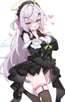 1girl :d absurdres angel angel_wings asymmetrical_legwear beatrixa_(stella_sora) black_corset black_thighhighs blush breasts cleavage cleavage_cutout clothing_cutout corset cross-laced_clothes cross-laced_corset dress frilled_dress frills green_halo grey_hair hair_ornament hair_ribbon halo heart highres long_hair maid_headdress medium_breasts microdress mismatched_legwear nonddu open_mouth red_eyes ribbon smile stellar_blade thighhighs torn_clothes torn_thighhighs traditional_halo white_thighhighs wings x_hair_ornament