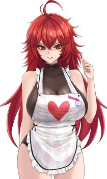 1girl absurdres ahoge alternate_costume apron arm_behind_back bare_shoulders black_choker black_leotard breasts choker commentary_request covered_collarbone cowboy_shot crossed_bangs frilled_apron frills goddess_of_victory:_nikke hair_between_eyes hand_up heart heart_choker highres large_breasts leotard long_hair looking_at_viewer nayuta_(nikke) nihilister_(nikke) parted_lips playing_with_own_hair red_eyes red_hair see-through_cleavage see-through_clothes sidelocks signature simple_background solo standing sunameri_(pixiv3564245) white_apron white_background