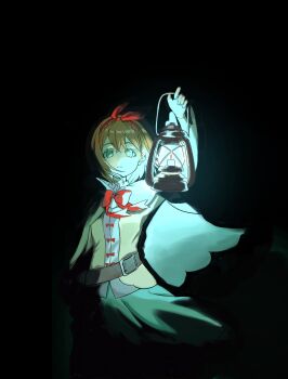 1girl belt black_background bow bowtie braid brown_hair cape capelet commentary_request dark green_cape green_eyes hair_ribbon hairband head_bow headband highres hikimori_hikiko holding holding_lantern lantern looking_at_viewer partially_shaded_face petra_leyte re:zero_kara_hajimeru_isekai_seikatsu red_bow red_hairband red_headband red_ribbon ribbon sad serious shirt short_hair simple_background skirt solo white_shirt wind