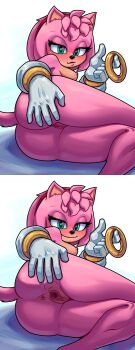 1girl 2025 2koma absurdres amy_rose amy_rose_(sonic_movie) anus ass ass_focus bare_legs barefoot blush bracelet breasts cleft_of_venus clitoris comic completely_nude eyelashes female_focus furry gloves gold_ring green_eyes hair_ornament hairband heart heart-shaped_pupils hedgehog highres jewelry knees leg_focus legs looking_at_viewer lying medium_breasts naughty_face nipples nude on_side paramount_pictures perineum phenecly pink_fur pink_hair presenting presenting_anus presenting_pussy pussy ring ring_(sonic) seductive_smile sega short_hair sideboob simple_background smile solo sonic_(live_action) sonic_(series) sonic_the_hedgehog_(movie) sonic_the_hedgehog_3_(movie) spread_anus spread_ass spread_pussy spreading_own_anus spreading_own_ass spreading_own_pussy symbol-shaped_pupils tail thick_thighs thighs white_background
