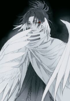 1boy bird_wings black_background black_hair chinese_commentary cloak commentary curtained_hair eyeliner granyon green_eyes head_wings highres kagurabachi light_particles looking_at_viewer makeup male_focus multiple_wings parted_bangs red_eyeliner simple_background solo upper_body uruha_youji white_cloak white_wings wings