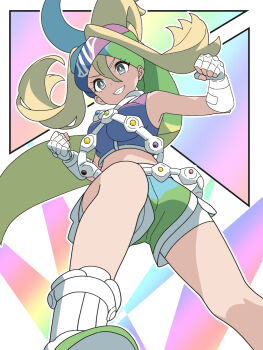 1girl bandolier belt bike_shorts bike_shorts_under_shorts blonde_hair blue_hair blue_shorts boots breasts commentary_request crop_top fingerless_gloves gloves gradient_shorts green_hair green_shorts grey_eyes grin hair_between_eyes headband highres kanbei_(pixiv11037490) korrina_(pokemon) long_hair looking_at_viewer medium_breasts mega_evolution_symbol mega_stone midriff nintendo open_mouth pokemon pokemon_legends:_z-a purple_shirt shirt shorts sleeveless sleeveless_shirt smile solo teeth white_boots white_gloves
