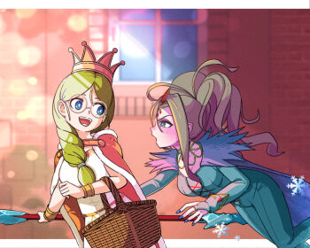 2girls :d basket blonde_hair blue_bodysuit blue_eyes blue_nails blush bodysuit bracelet braid breasts cape colored_skin commentary crown dragon_quest dragon_quest_xi dress floating glasses grey_hair hair_over_shoulder highres holding holding_staff jewelry large_breasts lizlette looking_at_viewer looking_back multiple_girls open_mouth ponytail purple_skin red_cape round_eyewear shaaru_(dq11) single_braid smile snowflakes staff tiara wavy_hair white_dress window yoshinari_tatsuno