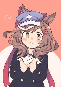 1girl animal_ears black_coat blue_hat blush bow brown_hair coat ear_ornament ears_through_headwear ei_ei_mun! food hair_ornament hairclip hat highres horse_ears horse_girl horse_tail looking_at_viewer matikanetannhauser_(umamusume) medium_hair multicolored_hair newsboy_cap org_knight smile solo steamed_bun streaked_hair tail tilted_headwear umamusume